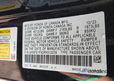 2024 Honda Civic Touring from USA, damaged, VIN 2HGFE1F92RH312239